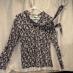 Charter Club Black and White Floral Blouse tied neck S
